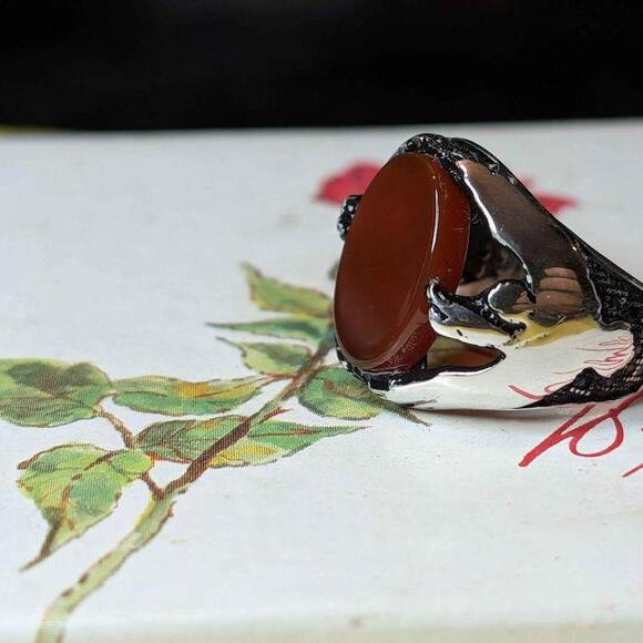 Eagle Feather Hold Red Onyx Mens Ring 925 Sterling silver Turkish Fine Jewelry - Picture 3 of 9